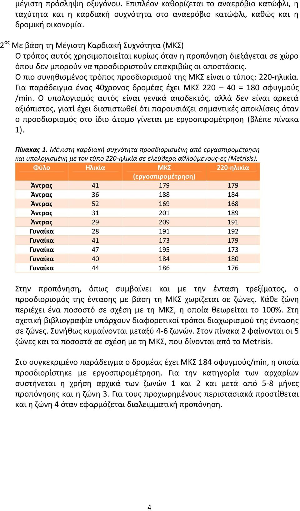 Ο πιο συνηθισμένος τρόπος προσδιορισμού της ΜΚΣ είναι ο τύπος: 220-ηλικία. Για παράδειγμα ένας 40χρονος δρομέας έχει ΜΚΣ 220 40 = 180 σφυγμούς /min.