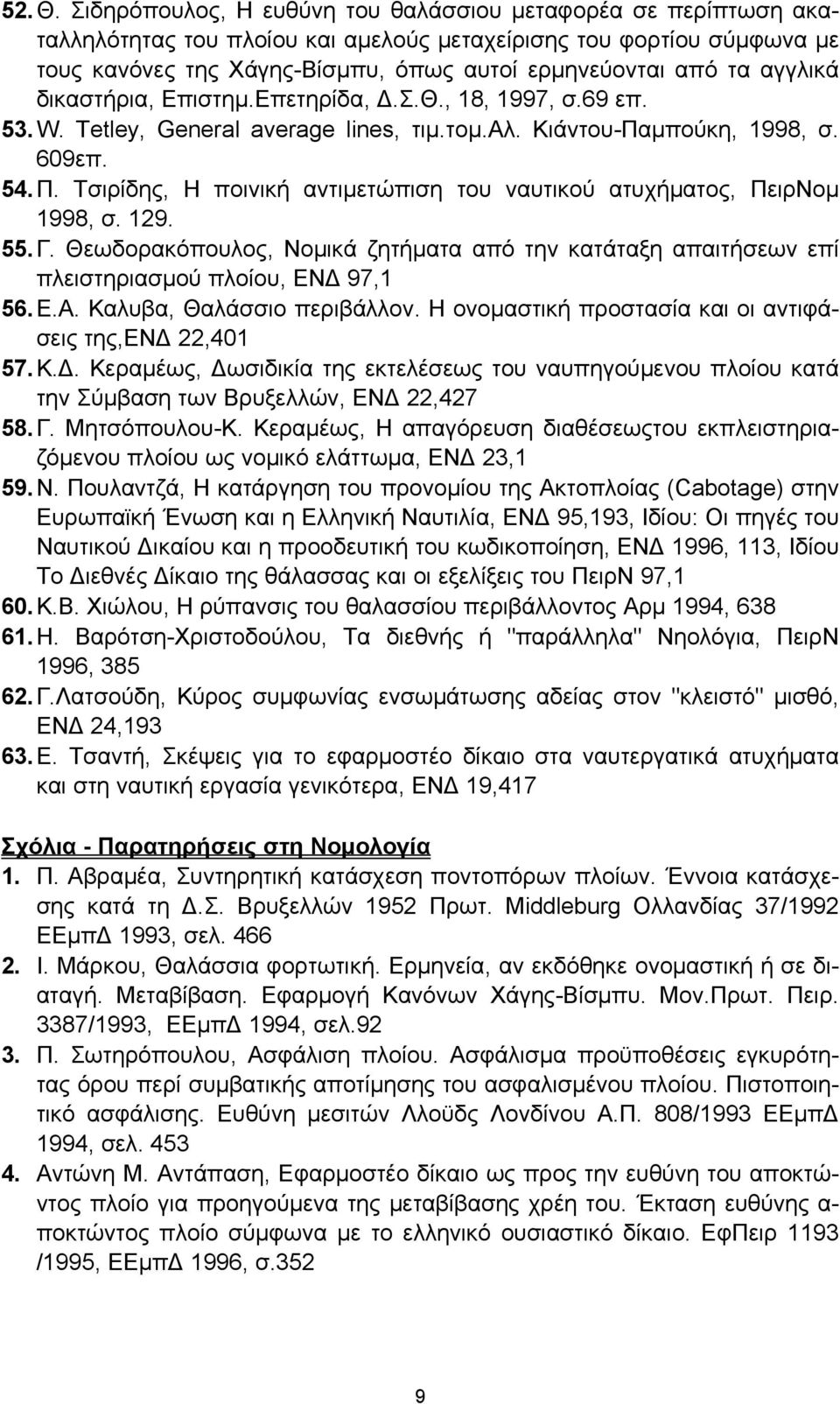 αγγλικά δικαστήρια, Επιστημ.Επετηρίδα, Δ.Σ.Θ., 18, 1997, σ.69 επ. 53. W. Tetley, General average lines, τιμ.τομ.αλ. Κιάντου-Παμπούκη, 1998, σ. 609επ. 54. Π.