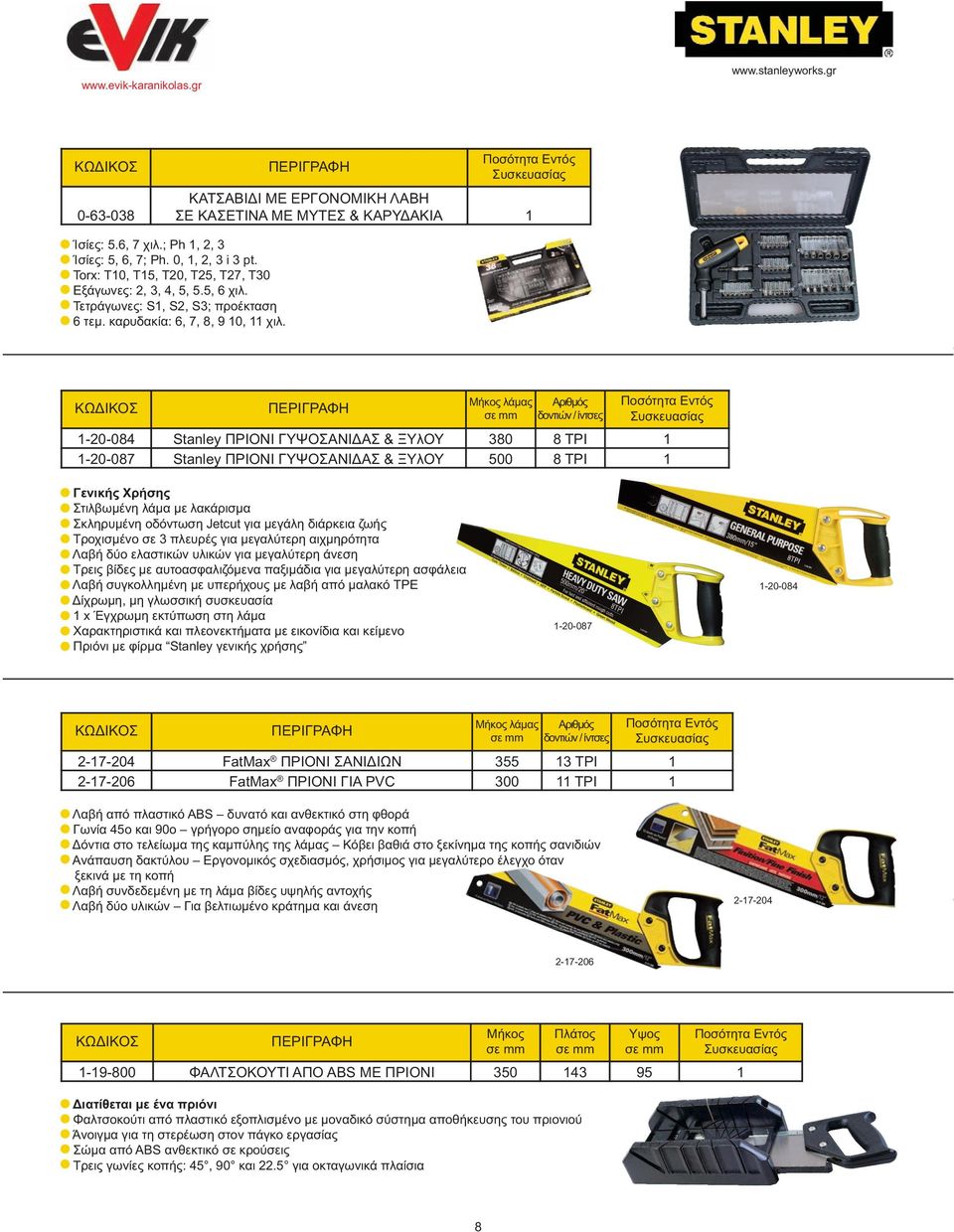 Μήκος λάµας Αριθµός δοντιών / ίντσες 1-20-084 Stanley ΠΡΙΟΝΙ ΓΥΨΟΣΑΝΙ ΑΣ & ΞΥλΟΥ 380 8 TPI 1 1-20-087 Stanley ΠΡΙΟΝΙ ΓΥΨΟΣΑΝΙ ΑΣ & ΞΥλΟΥ 500 8 TPI 1 Γενικής Χρήσης Στιλβωµένη λάµα µε λακάρισµα