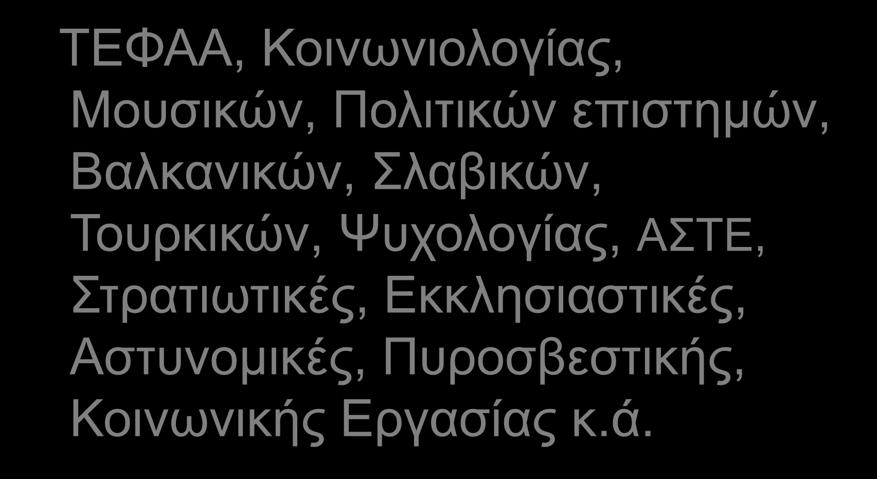 ΤΕΦΑΑ, Κοινωνιολογίας, Μουσικών, Πολιτικών επιστημών, Βαλκανικών, Σλαβικών, Τουρκικών,