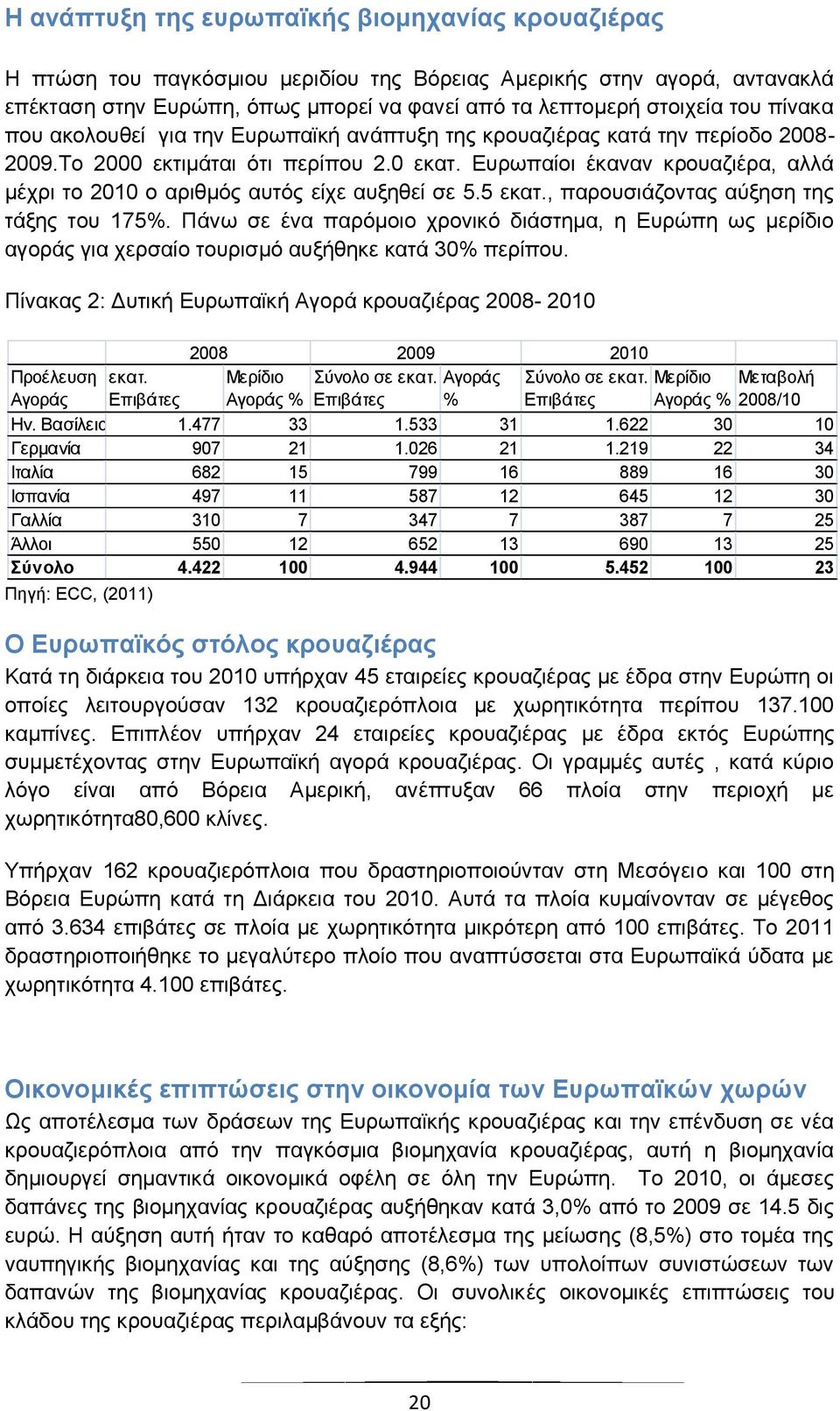 Ευρωπαίοι έκαναν κρουαζιέρα, αλλά μέχρι το 2010 ο αριθμός αυτός είχε αυξηθεί σε 5.5 εκατ., παρουσιάζοντας αύξηση της τάξης του 175%.