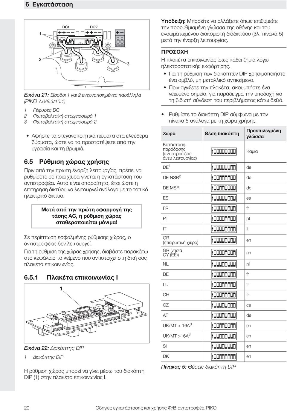 ) Γέφυρες DC Φωτοβολταϊκή στοιχειοσειρά 3 Φωτοβολταϊκή στοιχειοσειρά Αφήστε τα στεγανοποιητικά πώματα στα ελεύθερα βύσματα, ώστε να τα προστατέψετε από την υγρασία και τη βρωμιά. 6.