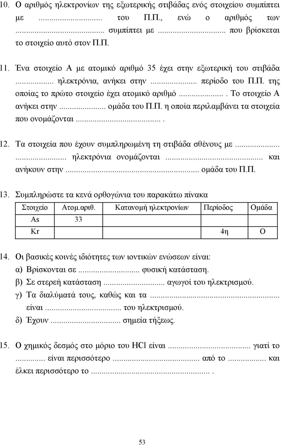 .. οµάδα του Π.Π. η οποία περιλαµβάνει τα στοιχεία που ονοµάζονται.... 12. Τα στοιχεία που έχουν συµπληρωµένη τη στιβάδα σθένους µε...... ηλεκτρόνια ονοµάζονται... και ανήκουν στην... οµάδα του Π.Π. 13.