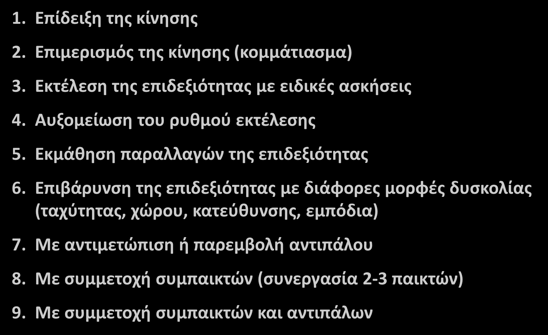 Μεθοδολογία διδασκαλίας 1. Επίδειξη της κίνησης 2. Επιμερισμός της κίνησης (κομμάτιασμα) 3. Εκτέλεση της επιδεξιότητας με ειδικές ασκήσεις 4. Αυξομείωση του ρυθμού εκτέλεσης 5.