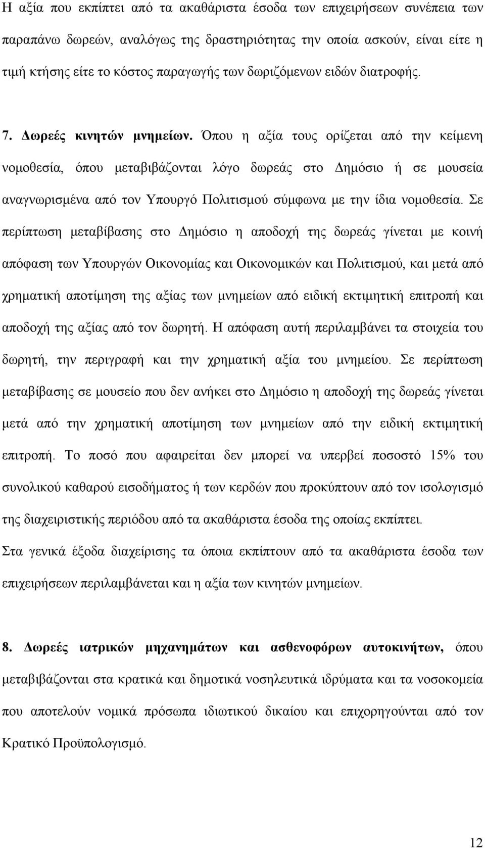 Όπου η αξία τους ορίζεται από την κείμενη νομοθεσία, όπου μεταβιβάζονται λόγο δωρεάς στο Δημόσιο ή σε μουσεία αναγνωρισμένα από τον Υπουργό Πολιτισμού σύμφωνα με την ίδια νομοθεσία.