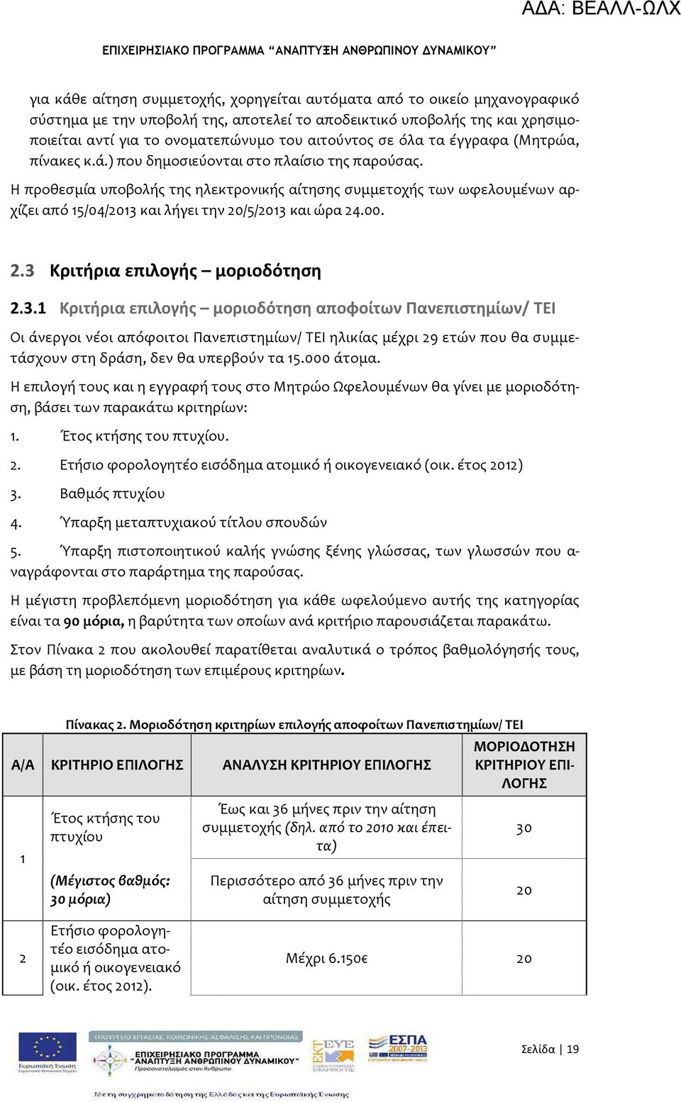 Η προθεσμία υποβολής της ηλεκτρονικής αίτησης συμμετοχής των ωφελουμένων αρχίζει από 15/04/2013 