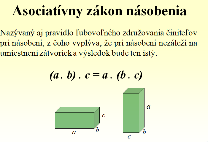 3. Pravidlo zameniteľnosti činiteľov pri násobení (komutatívnosť násobenia): a. b = b. a 4.