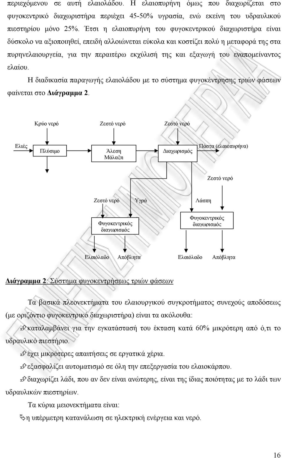 εξαγωγή του εναπομείναντος ελαίου. Η διαδικασία παραγωγής ελαιολάδου με το σύστημα φυγοκέντρησης τριών φάσεων φαίνεται στο Διάγραμμα 2.