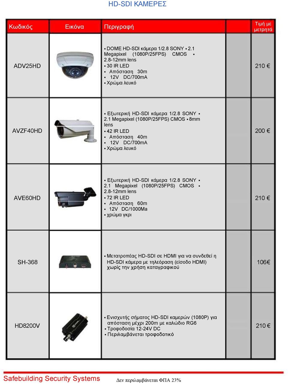 8-12mm lens AVE60HD 72 IR LED 210 Απόσταση 60m /1000Ma χρώμα γκρι Μετατροπέας HD-SDI σε HDMI για να συνδεθεί η SH-368 HD-SDI κάμερα με τηλεόραση (είσοδο HDMI) 106