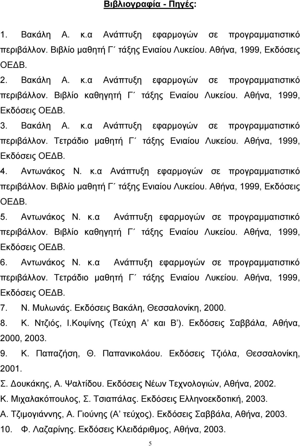 Αθήνα, 1999, Εκδόσεις ΟΕΔΒ. 5. Αντωνάκος Ν. κ.α Ανάπτυξη εφαρμογών σε προγραμματιστικό περιβάλλον. Βιβλίο καθηγητή Γ τάξης Ενιαίου Λυκείου. Αθήνα, 1999, Εκδόσεις ΟΕΔΒ. 6. Αντωνάκος Ν. κ.α Ανάπτυξη εφαρμογών σε προγραμματιστικό περιβάλλον. Τετράδιο μαθητή Γ τάξης Ενιαίου Λυκείου.