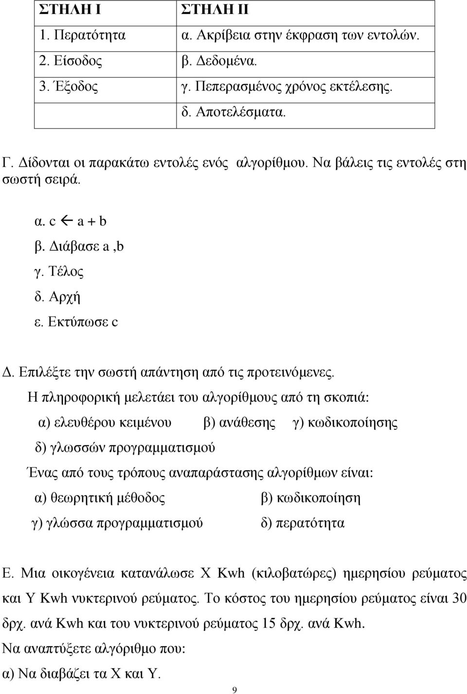 Η πληροφορική μελετάει του αλγορίθμους από τη σκοπιά: α) ελευθέρου κειμένου β) ανάθεσης γ) κωδικοποίησης δ) γλωσσών προγραμματισμού Ένας από τους τρόπους αναπαράστασης αλγορίθμων είναι: α) θεωρητική