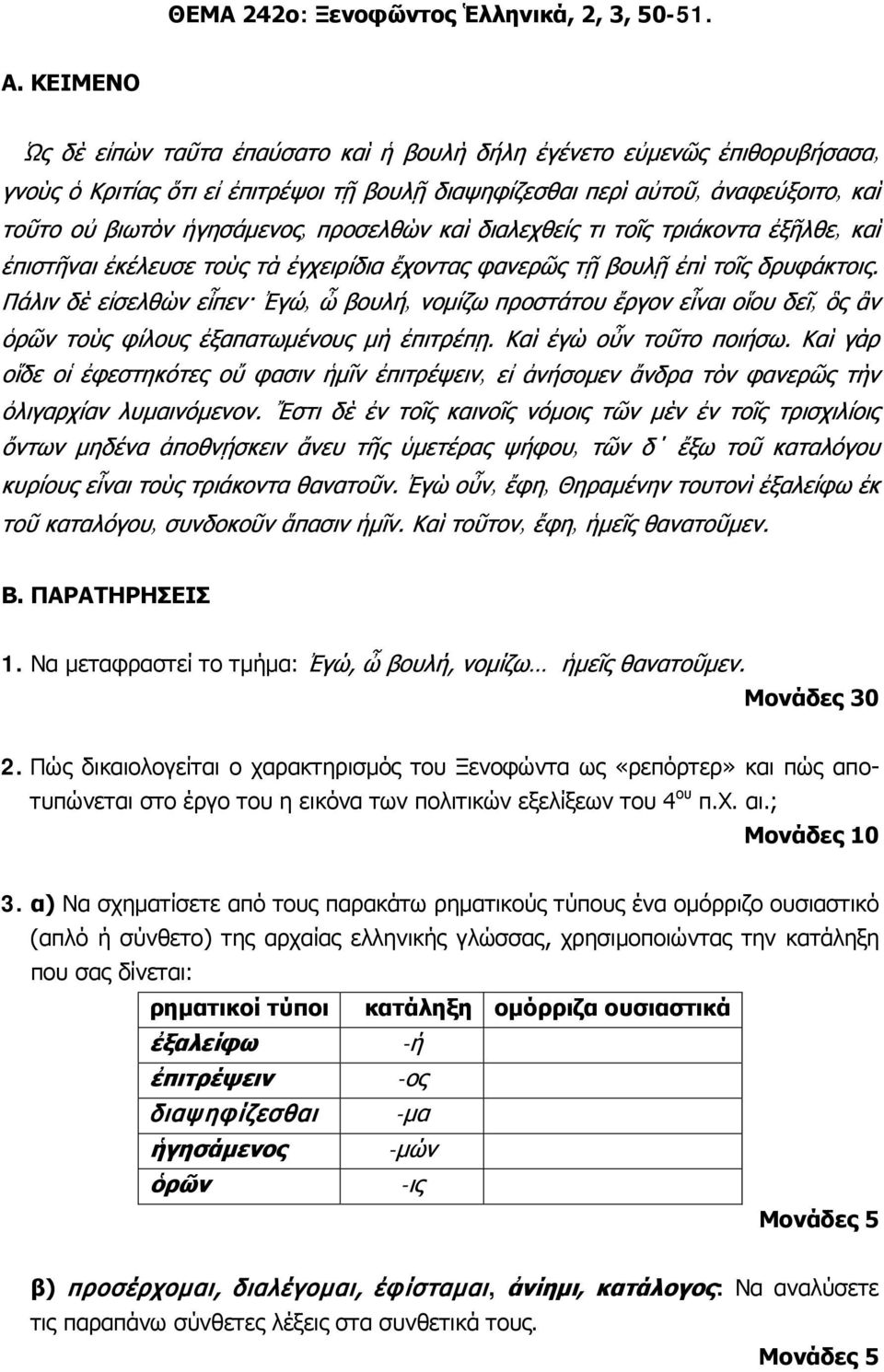 α) Να σχηματίσετε από τους παρακάτω ρηματικούς τύπους ένα ομόρριζο ουσιαστικό (απλό ή σύνθετο) της αρχαίας ελληνικής γλώσσας, χρησιμοποιώντας την κατάληξη που σας