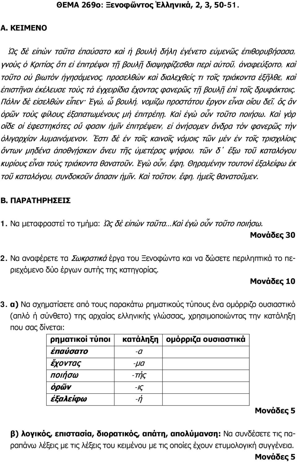 3. α) Να σχηματίσετε από τους παρακάτω ρηματικούς τύπους ένα ομόρριζο ουσιαστικό (απλό ή σύνθετο) της αρχαίας ελληνικής γλώσσας, χρησιμοποιώντας την κατάληξη που σας δίνεται: ρηματικοί