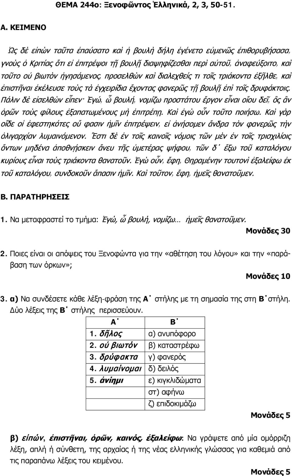 οὐ βιωτόν β) καταστρέφω 3. δρύφακτα γ) φανερός 4. λυμαίνομαι δ) δειλός 5.