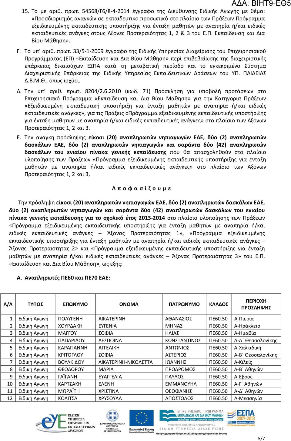 1, 2 & 3 του Ε.Π. Εκπαίδευση και Δια Βίου Μάθηση». Γ. Το υπ αριθ. πρωτ.