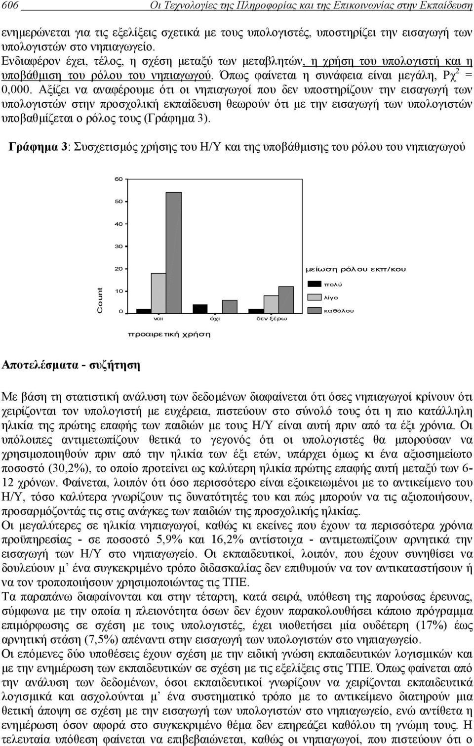 Αξίζει να αναφέρουµε ότι οι νηπιαγωγοί που δεν υποστηρίζουν την εισαγωγή των υπολογιστών στην προσχολική εκπαίδευση θεωρούν ότι µε την εισαγωγή των υπολογιστών υποβαθµίζεται ο ρόλος τους (Γράφηµα 3).