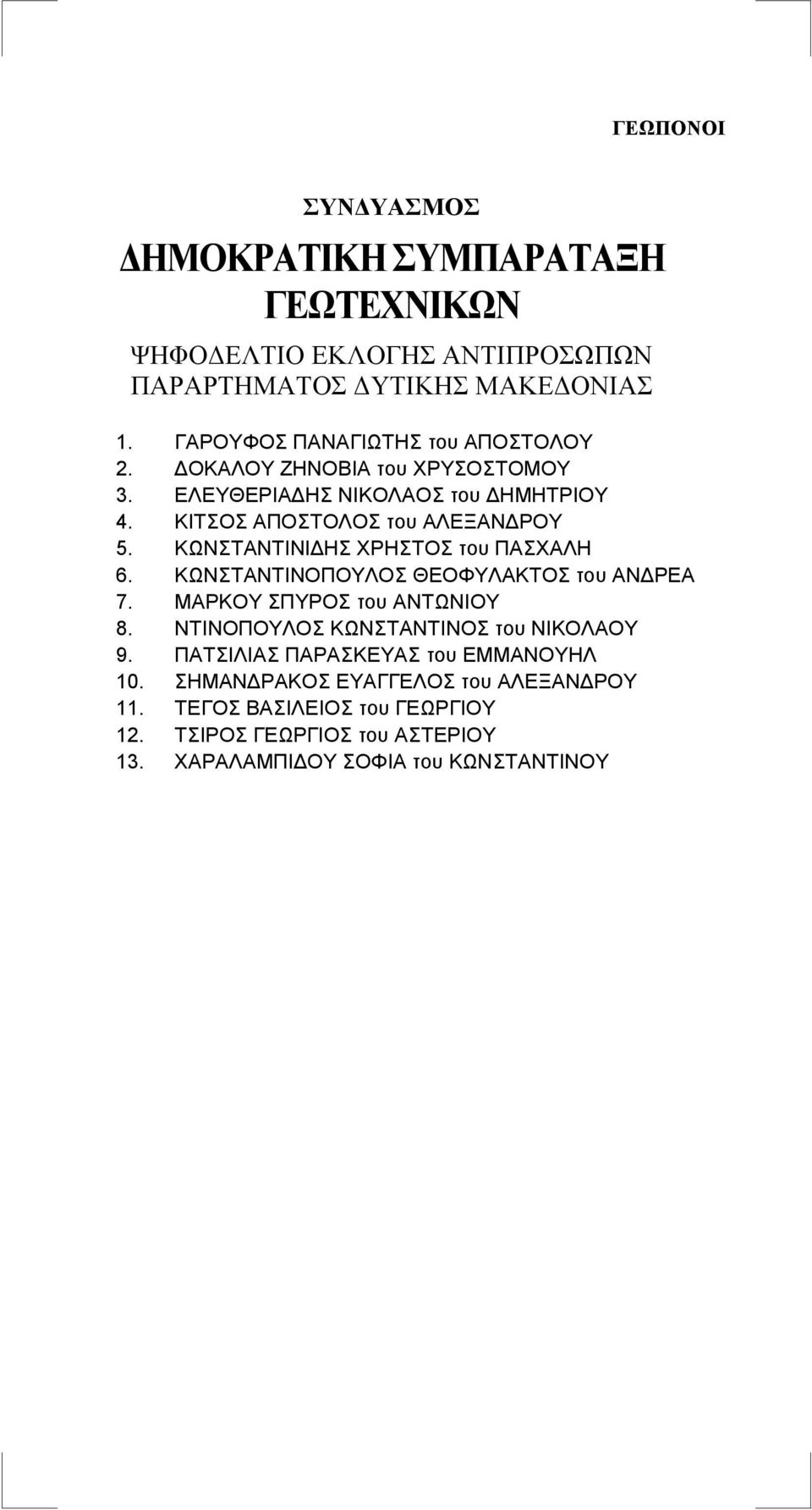 ΚΩΝΣΤΑΝΤΙΝΟΠΟΥΛΟΣ ΘΕΟΦΥΛΑΚΤΟΣ του ΑΝΔΡΕΑ 7. ΜΑΡΚΟΥ ΣΠΥΡΟΣ του ΑΝΤΩΝΙΟΥ 8. ΝΤΙΝΟΠΟΥΛΟΣ ΚΩΝΣΤΑΝΤΙΝΟΣ του ΝΙΚΟΛΑΟΥ 9.