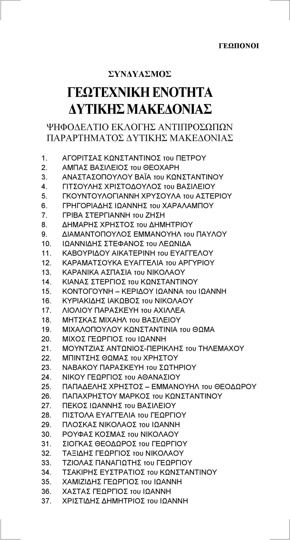 ΙΩΑΝΝΙΔΗΣ ΣΤΕΦΑΝΟΣ του ΛΕΩΝΙΔΑ 11. ΚΑΒΟΥΡΙΔΟΥ ΑΙΚΑΤΕΡΙΝΗ του ΕΥΑΓΓΕΛΟΥ 12. ΚΑΡΑΜΑΤΣΟΥΚΑ ΕΥΑΓΓΕΛΙΑ του ΑΡΓΥΡΙΟΥ 13. ΚΑΡΑΝΙΚΑ ΑΣΠΑΣΙΑ του ΝΙΚΟΛΑΟΥ 14. ΚΙΑΝΑΣ ΣΤΕΡΓΙΟΣ του ΚΩΝΣΤΑΝΤΙΝΟΥ 15.