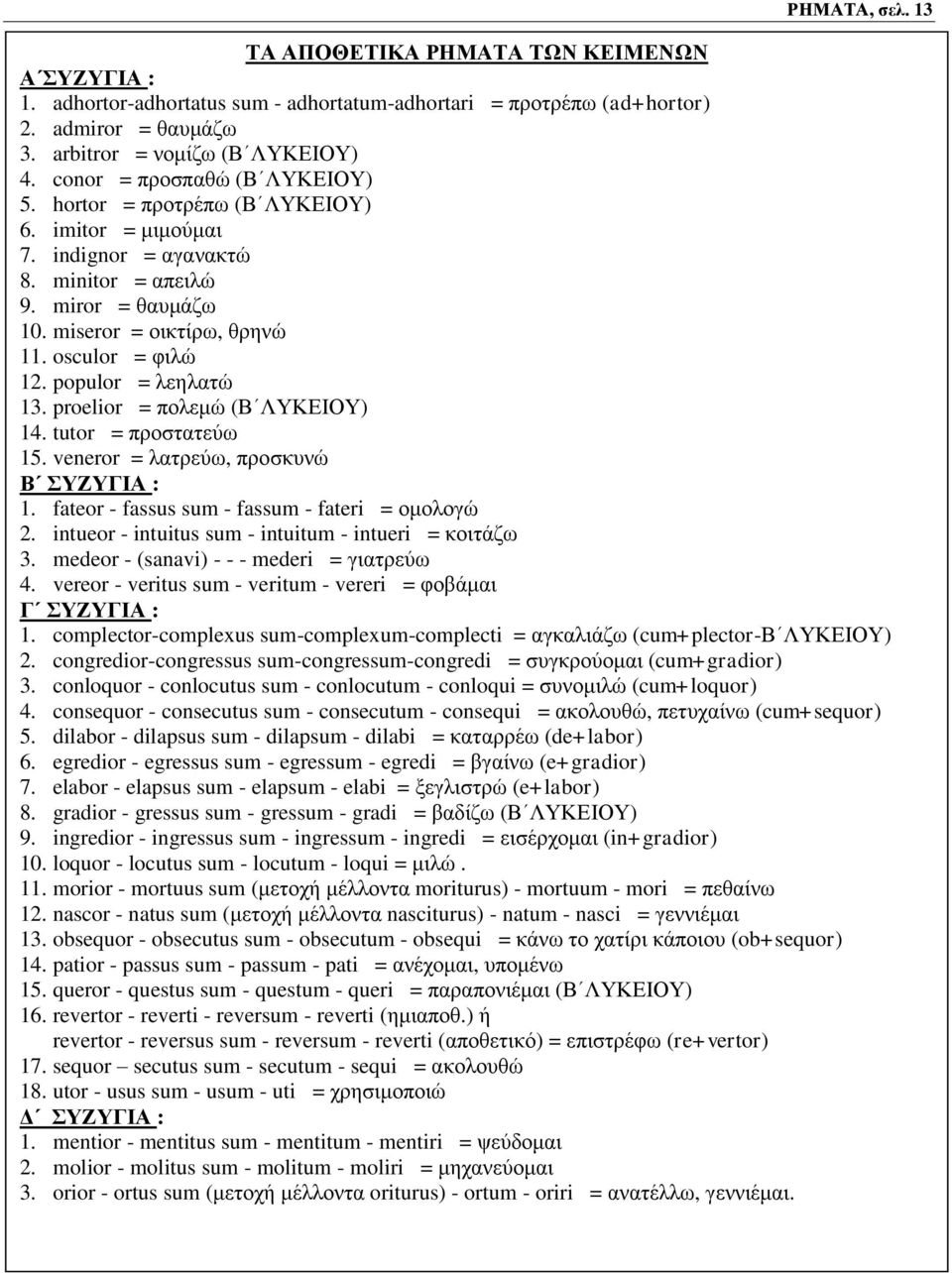 populor = λεηλατώ 13. proelior = πολεμώ (Β ΛΥΚΕΙΟΥ) 14. tutor = προστατεύω 15. veneror = λατρεύω, προσκυνώ Β ΣΥΖΥΓΙΑ : 1. fateor - fassus sum - fassum - fateri = ομολογώ 2.