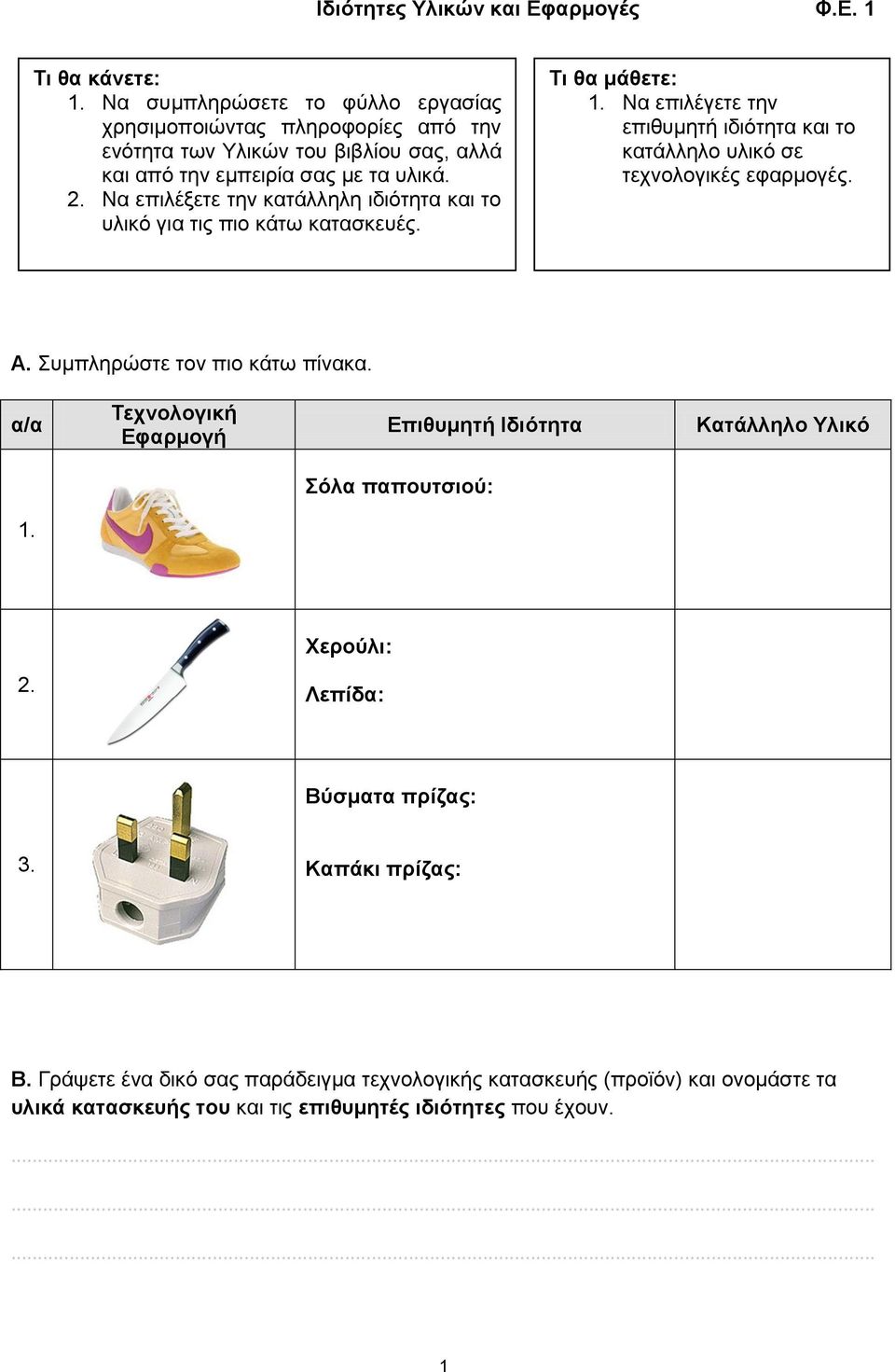 Να επιλέξετε την κατάλληλη ιδιότητα και το υλικό για τις πιο κάτω κατασκευές. Τι θα μάθετε: 1.