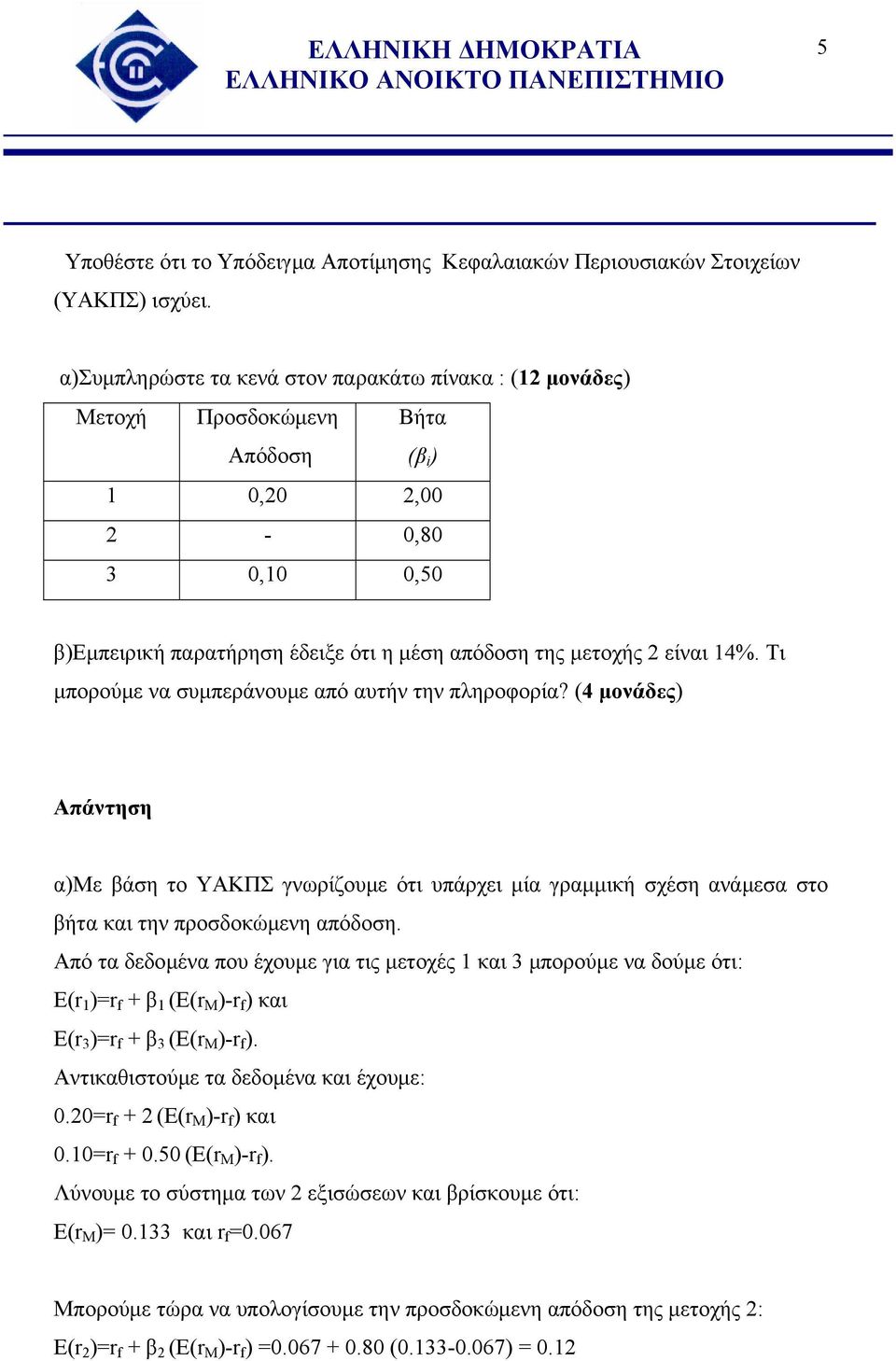 14%. Τι μπορούμε να συμπεράνουμε από αυτήν την πληροφορία? (4 μονάδες) Απάντηση α)με βάση το ΥΑΚΠΣ γνωρίζουμε ότι υπάρχει μία γραμμική σχέση ανάμεσα στο βήτα και την προσδοκώμενη απόδοση.