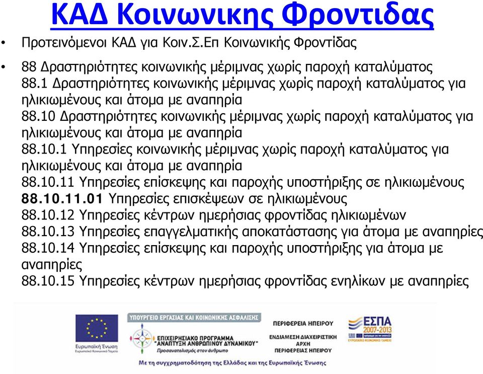 10 Δραστηριότητες κοινωνικής μέριμνας χωρίς παροχή καταλύματος για ηλικιωμένους και άτομα με αναπηρία 88.10.1 Υπηρεσίες κοινωνικής μέριμνας χωρίς παροχή καταλύματος για ηλικιωμένους και άτομα με αναπηρία 88.