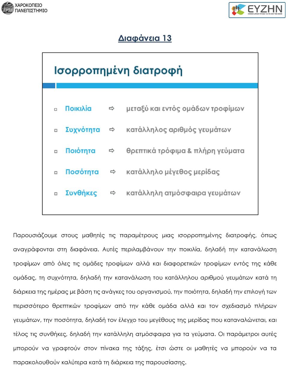 αριθμού γευμάτων κατά τη διάρκεια της ημέρας με βάση τις ανάγκες του οργανισμού, την ποιότητα, δηλαδή την επιλογή των περισσότερο θρεπτικών τροφίμων από την κάθε ομάδα αλλά και τον σχεδιασμό πλήρων