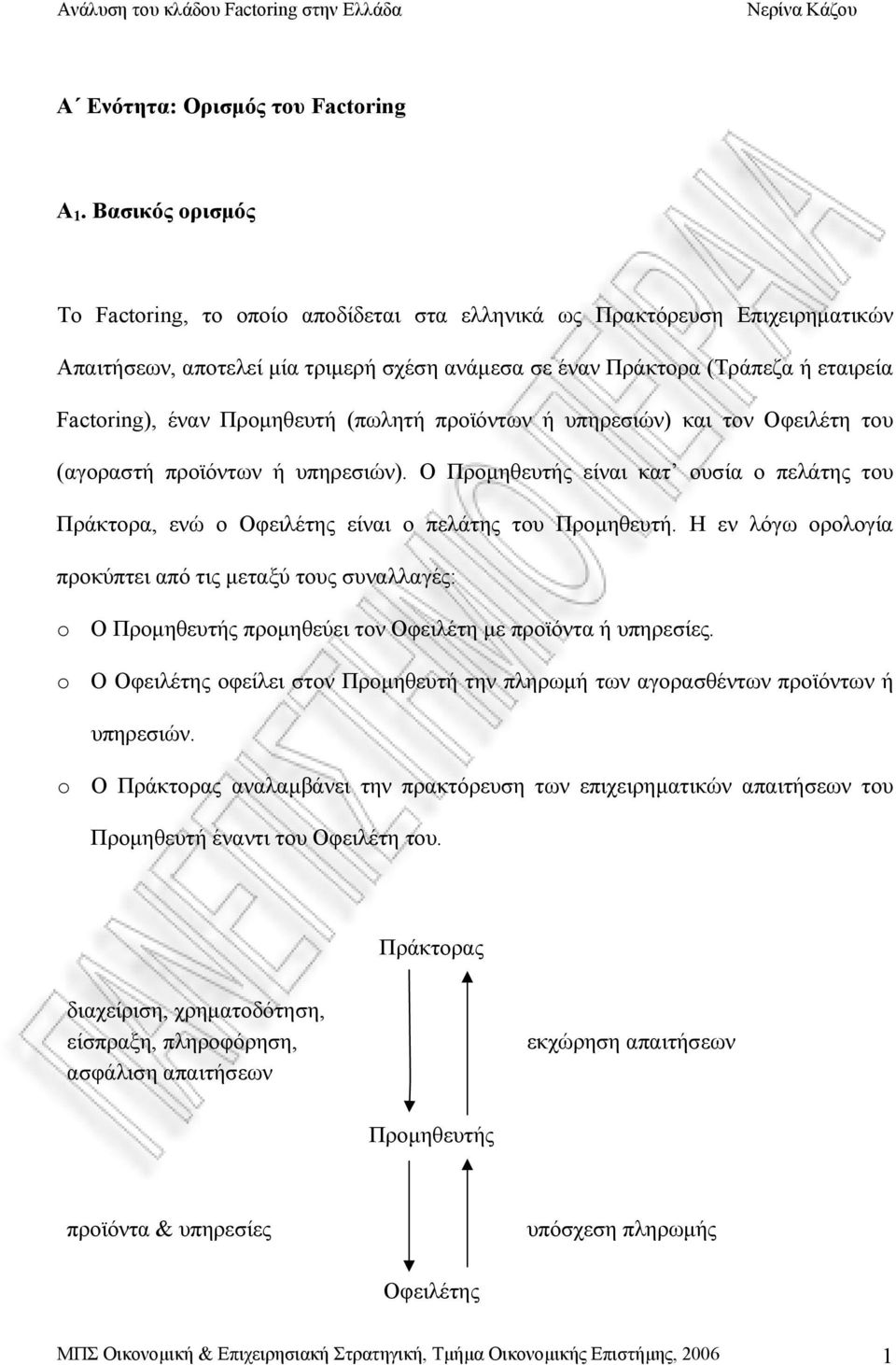 Προμηθευτή (πωλητή προϊόντων ή υπηρεσιών) και τον Οφειλέτη του (αγοραστή προϊόντων ή υπηρεσιών). Ο Προμηθευτής είναι κατ ουσία ο πελάτης του Πράκτορα, ενώ ο Οφειλέτης είναι ο πελάτης του Προμηθευτή.