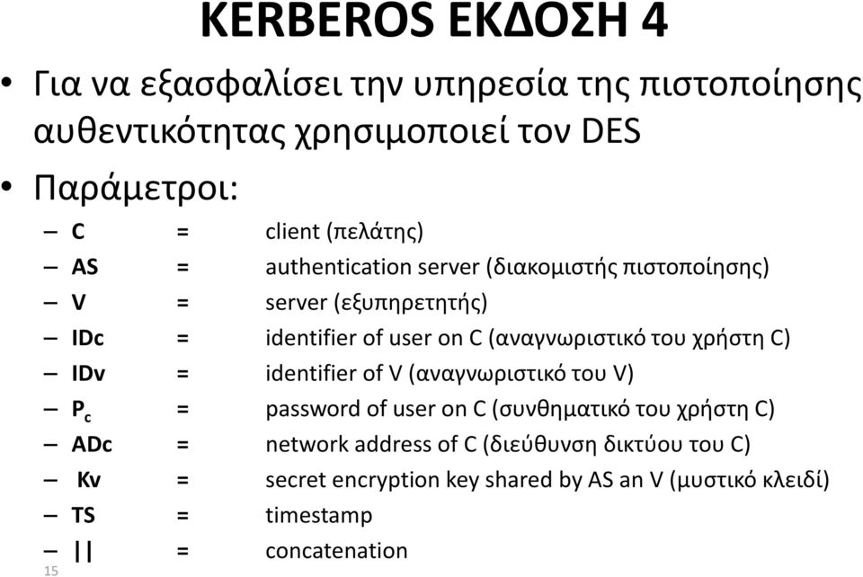 (αναγνωριστικό του χρήστη C) IDv = identifier of V (αναγνωριστικό του V) P c = password of user on C (συνθηματικό του χρήστη C)