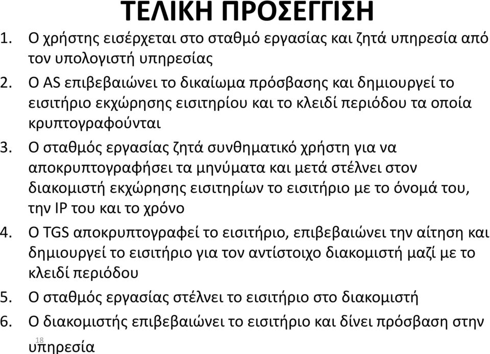 Ο σταθμός εργασίας ζητά συνθηματικό χρήστη για να αποκρυπτογραφήσει τα μηνύματα και μετά στέλνει στον διακομιστή εκχώρησης εισιτηρίων το εισιτήριο με το όνομά του, την IP του και το