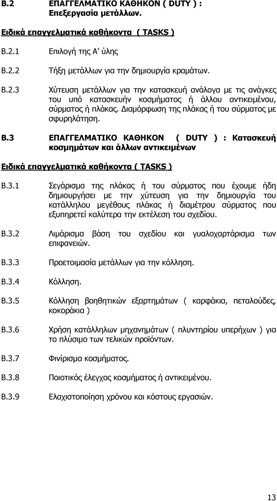 3 ΕΠΑΓΓΕΛΜΑΤΙΚΟ ΚΑΘΗΚΟΝ ( DUTY ) : Κατασκευή κοσμημάτων και άλλων αντικειμένων Ειδικά επαγγελματικά καθήκοντα ( TASKS ) Β.3.1 Β.3.2 Β.3.3 Β.3.4 Β.3.5 Β.3.6 Β.3.7 Β.3.8 Β.3.9 Σεγάρισμα της πλάκας ή