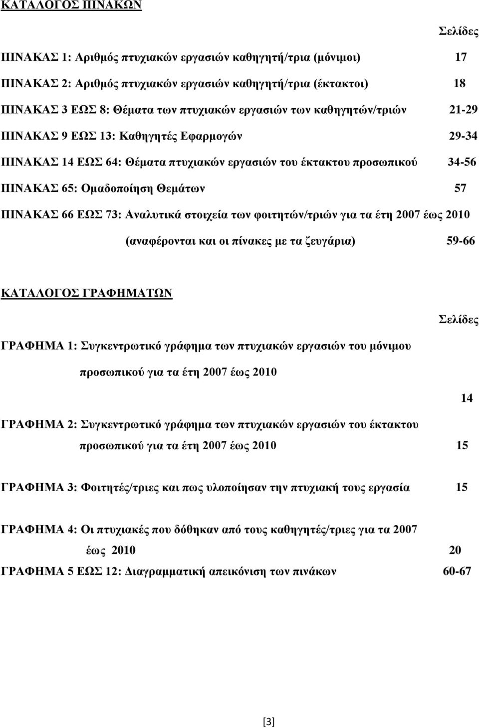 ΕΩΣ 73: Αναλυτικά στοιχεία των φοιτητών/τριών για τα έτη 2007 έως 2010 (αναφέρονται και οι πίνακες με τα ζευγάρια) 59-66 ΚΑΤΑΛΟΓΟΣ ΓΡΑΦΗΜΑΤΩΝ Σελίδες ΓΡΑΦΗΜΑ 1: Συγκεντρωτικό γράφημα των πτυχιακών