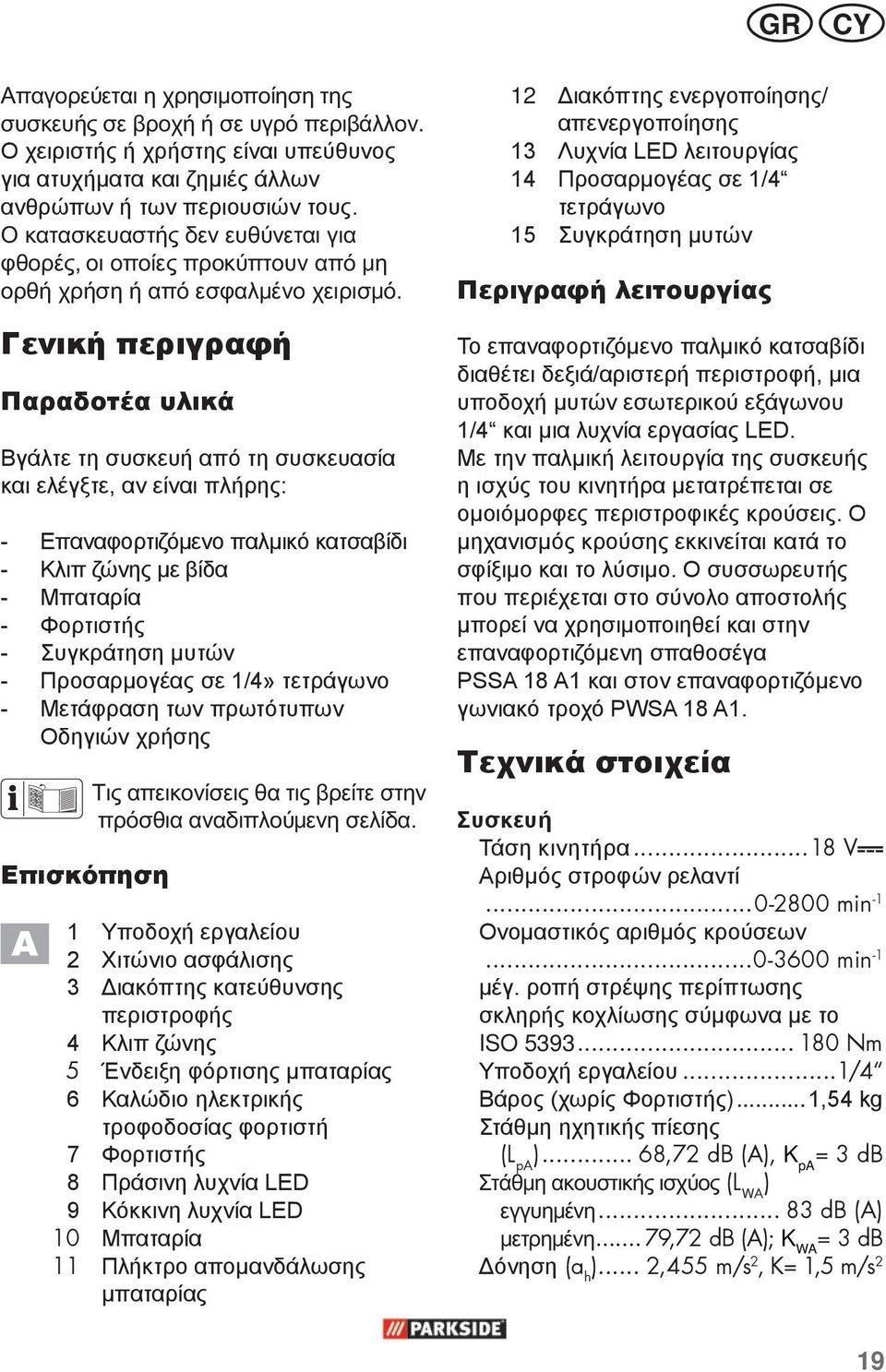 Γενική περιγραφή Παραδοτέα υλικά Βγάλτε τη συσκευή από τη συσκευασία και ελέγξτε, αν είναι πλήρης: - Επαναφορτιζόμενο παλμικό κατσαβίδι - Κλιπ ζώνης με βίδα - Μπαταρία - Φορτιστής - Συγκράτηση μυτών