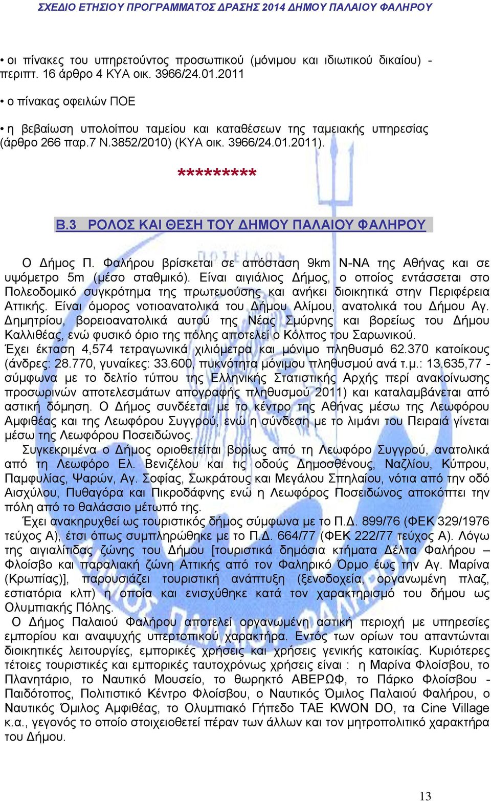 3 ΡΟΛΟΣ ΚΑΙ ΘΕΣΗ ΤΟΥ ΔΗΜΟΥ ΠΑΛΑΙΟΥ ΦΑΛΗΡΟΥ Ο Δήμος Π. Φαλήρου βρίσκεται σε απόσταση 9km Ν-ΝΑ της Αθήνας και σε υψόμετρο 5m (μέσο σταθμικό).
