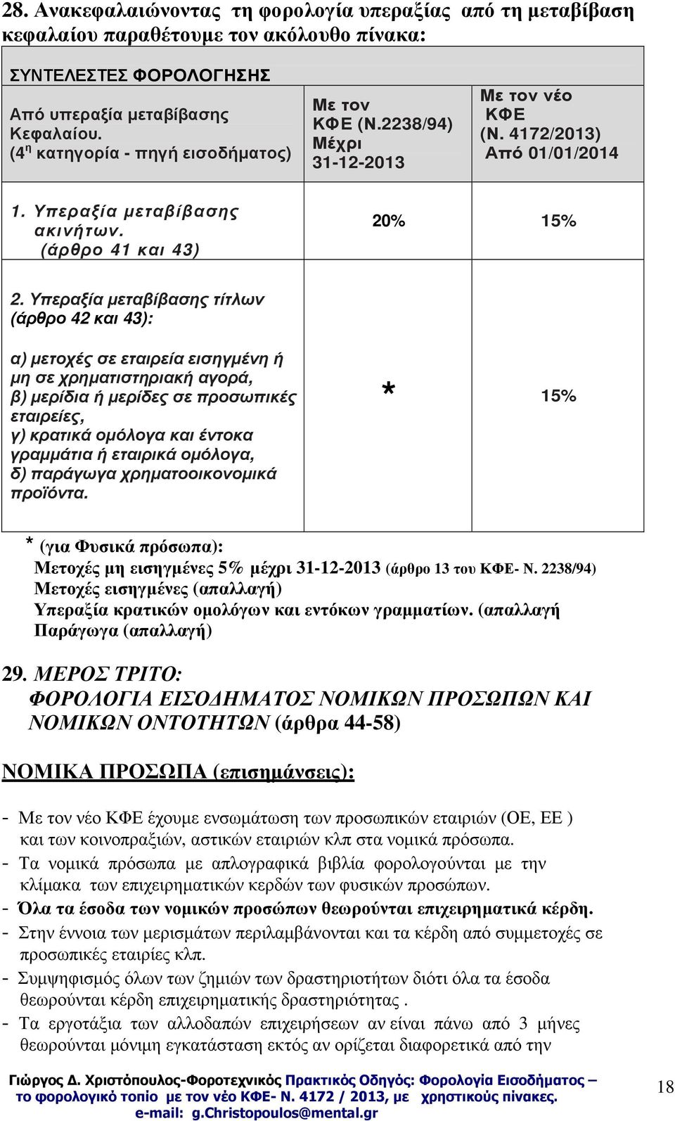 Υπεραξία µεταβίβασης τίτλων (άρθρο 42 και 43): α) µετοχές σε εταιρεία εισηγµένη ή µη σε χρηµατιστηριακή αγορά, β) µερίδια ή µερίδες σε προσωπικές εταιρείες, γ) κρατικά οµόλογα και έντοκα γραµµάτια ή