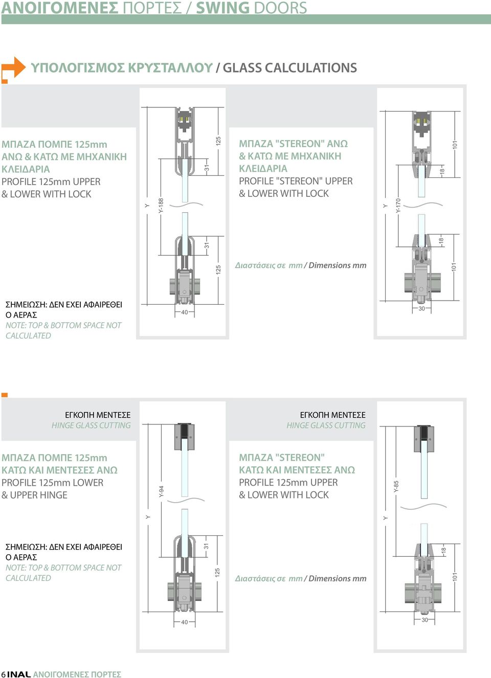 NOT CALCULATED 40 30 ΕΓΚΟΠΗ ΜΕΝΤΕΣΕ HINGE GLASS CUTTING ΕΓΚΟΠΗ ΜΕΝΤΕΣΕ HINGE GLASS CUTTING ΜΠΑΖΑ ΠΟΜΠΕ 125mm ΚΑΤΩ ΚΑΙ ΜΕΝΤΕΣΕΣ ΑΝΩ PROFILE 125mm LOWER & UPPER HINGE Y-94 ΜΠΑΖΑ "STEREON" ΚΑΤΩ ΚΑΙ