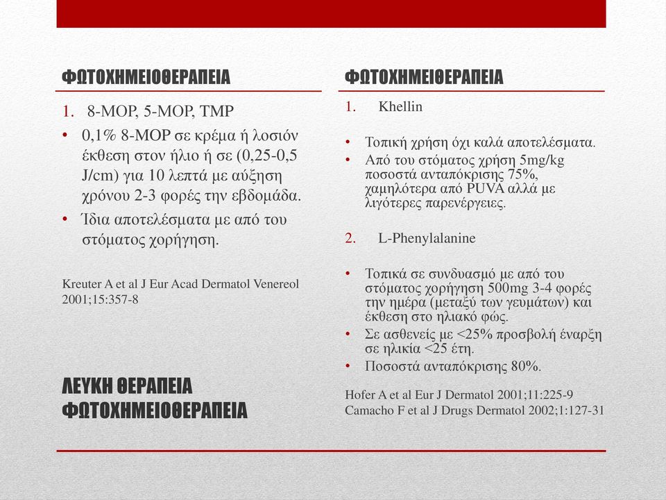 Από του στόματος χρήση 5mg/kg ποσοστά ανταπόκρισης 75%, χαμηλότερα από PUVA αλλά με λιγότερες παρενέργειες. 2.