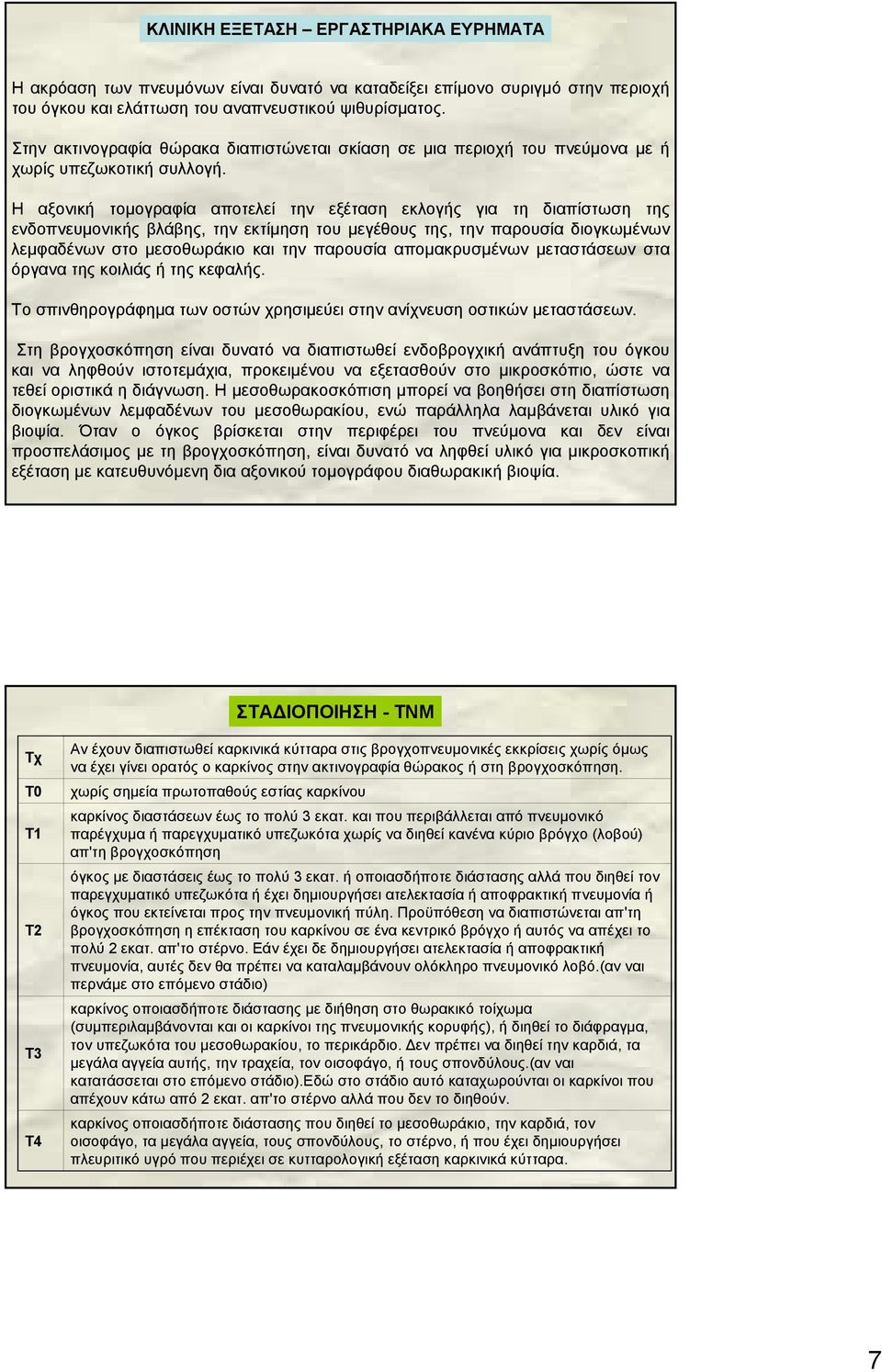 Η αξονική τομογραφία αποτελεί την εξέταση εκλογής για τη διαπίστωση της ενδοπνευμονικής βλάβης, την εκτίμηση του μεγέθους της, την παρουσία διογκωμένων λεμφαδένων στο μεσοθωράκιο και την παρουσία