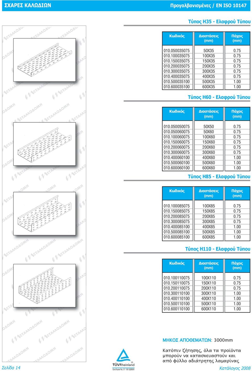 75 010.200060075 200X60 0.75 010.300060075 300X60 0.75 010.400060100 400X60 1.00 010.500060100 500X60 1.00 010.600060100 600X60 1.00 Τύπος Η85 - Ελαφρού Τύπου 010.100085075 100X85 0.75 010.150085075 150X85 0.