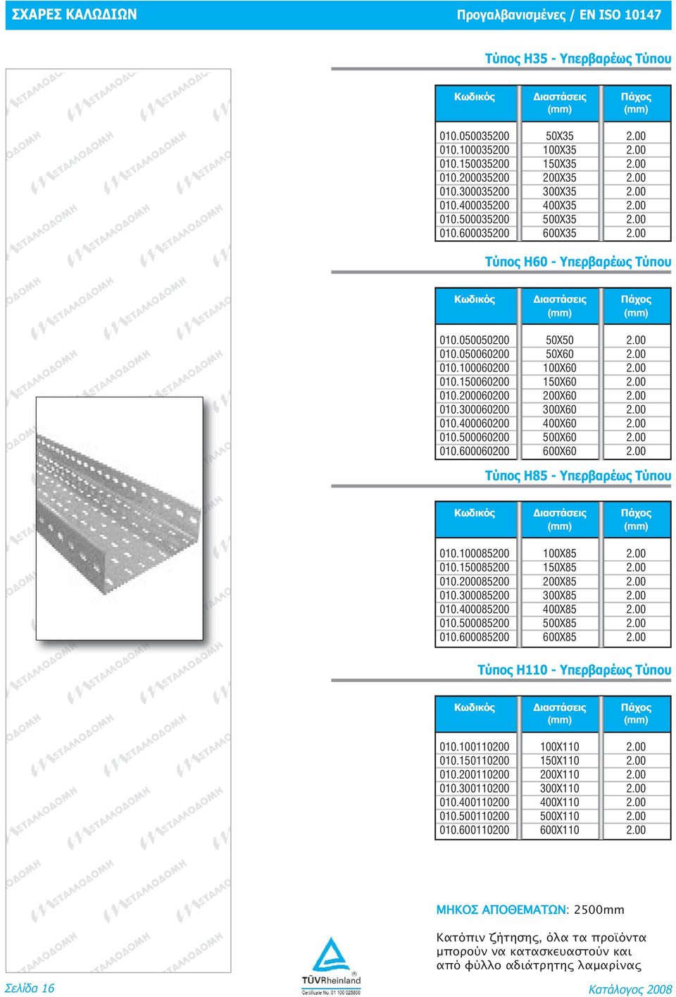 00 010.200060200 200X60 2.00 010.300060200 300X60 2.00 010.400060200 400X60 2.00 010.500060200 500X60 2.00 010.600060200 600X60 2.00 Τύπος Η85 - Υπερβαρέως Τύπου 010.100085200 100X85 2.00 010.150085200 150X85 2.