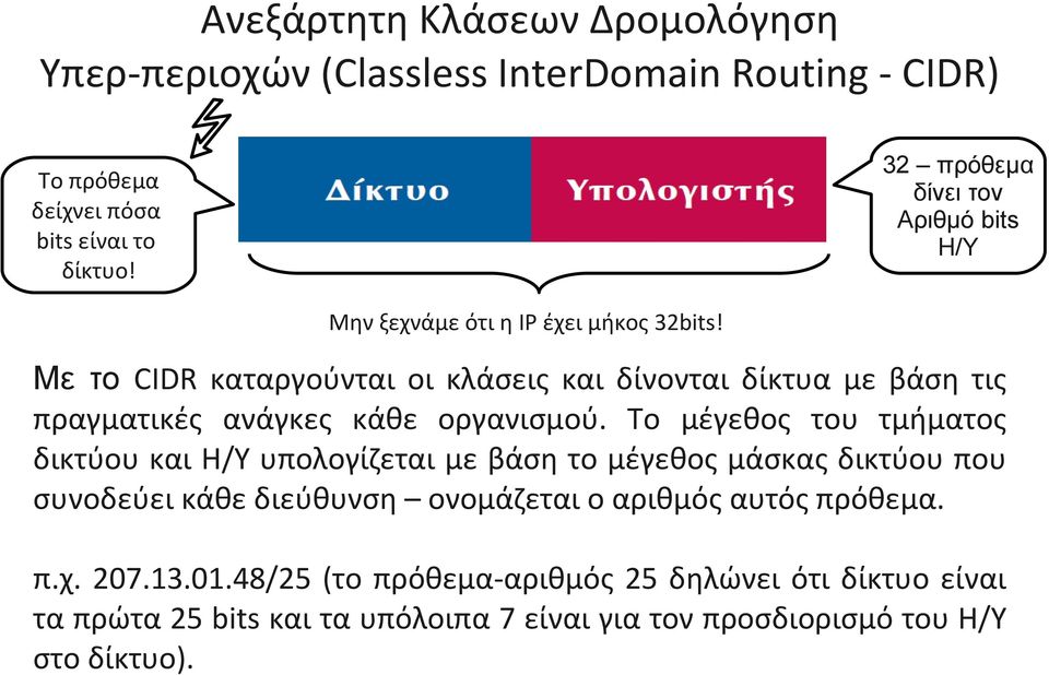 Με το CIDR καταργούνται οι κλάσεις και δίνονται δίκτυα με βάση τις πραγματικές ανάγκες κάθε οργανισμού.