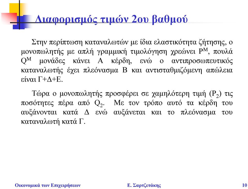 αντισταθμιζόμενη απώλεια είναι Γ+Δ+Ε. Τώρα ο μονοπωλητής προσφέρει σε χαμηλότερη τιμή (Ρ ) τις ποσότητες πέρα από Q.