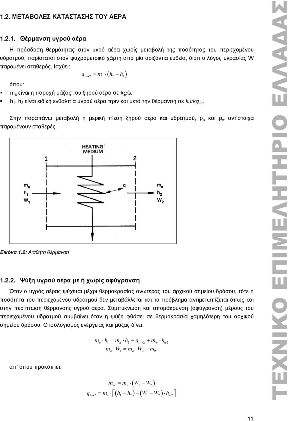 h 1, h 2 είναι ειδική ενθαλπία υγρού αέρα πριν και μετά την θέρμανση σε kj/kg da. Στην παραπάνω μεταβολή η μερική πίεση ξηρού αέρα και υδρατμού, p a και p w αντίστοιχα παραμένουν σταθερές. Εικόνα 1.