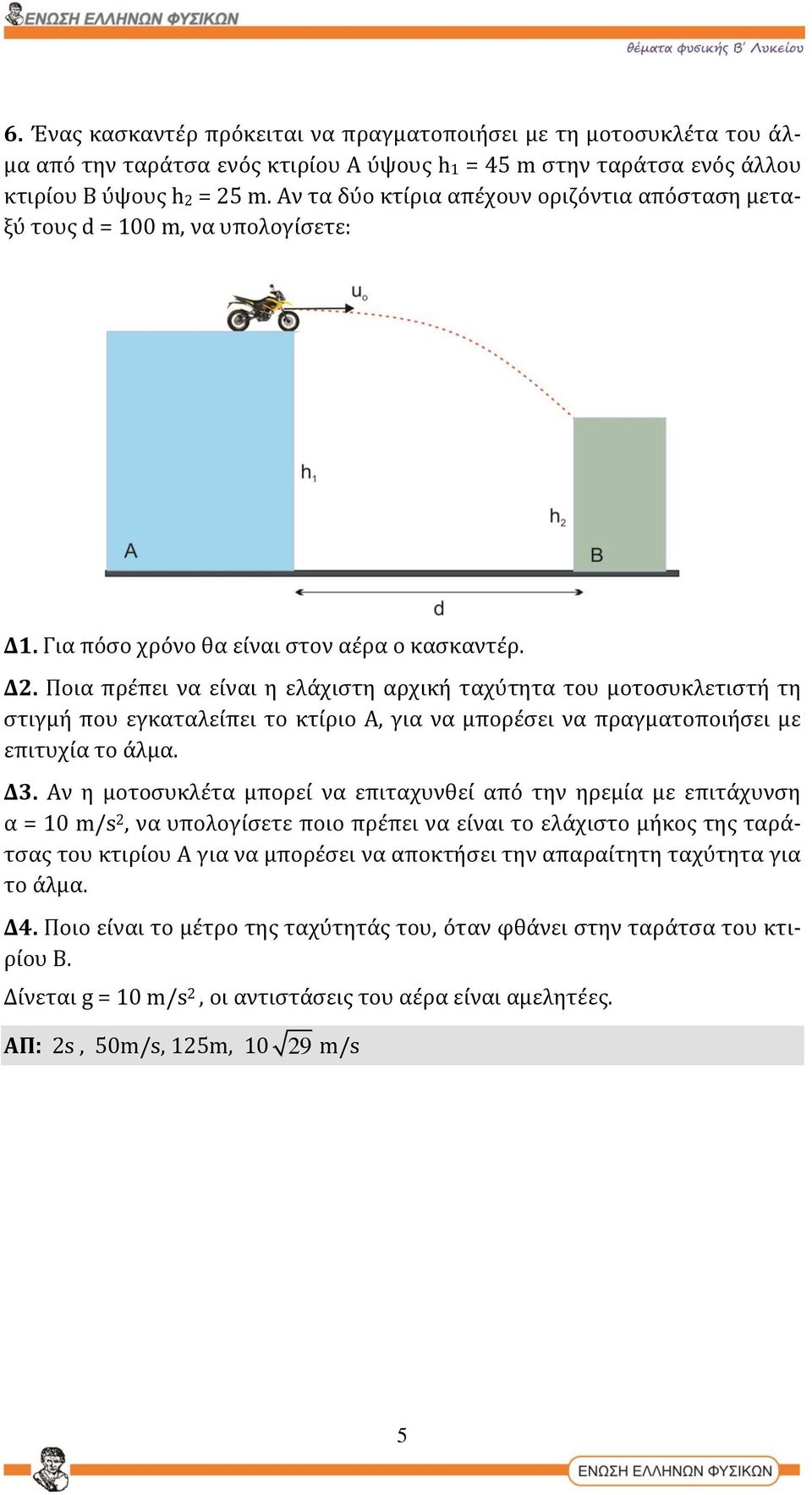 Ποια πρέπει να είναι η ελάχιστη αρχική ταχύτητα του μοτοσυκλετιστή τη στιγμή που εγκαταλείπει το κτίριο Α, για να μπορέσει να πραγματοποιήσει με επιτυχία το άλμα. Δ3.