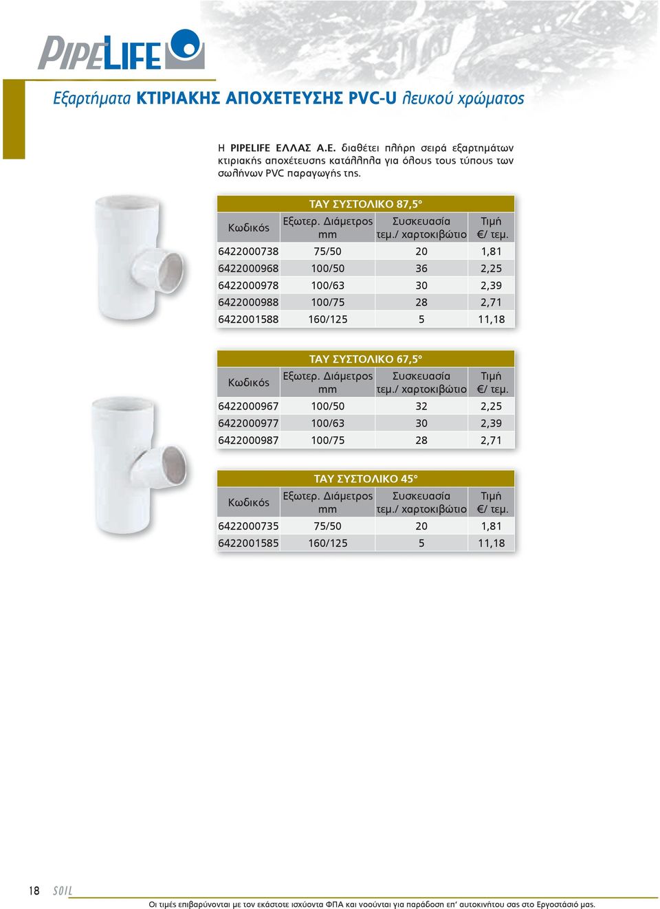 Διάμετρος 6422000738 75/50 20 1,81 6422000968 100/50 36 2,25 6422000978 100/63 30 2,39 6422000988 100/75 28 2,71 6422001588 160/125 5 11,18