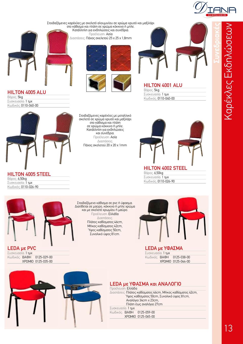 Διαστάσεις: Πάχος σκελετού 25 x 25 x 1,8mm Στοιβαζόμενες καρέκλες με μεταλλικό σκελετό σε χρώμα χρυσό και μαξιλάρι στο κάθισμα και πλάτη σε  Διαστάσεις: Πάχος σκελετού 20 x 20 x 1mm HILTON 4001 ALU