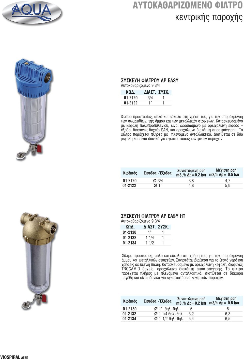Το φίλτρο παρέχεται πλήρες με πλενόμενο ανταλλακτικό. Διατίθεται σε δύο μεγέθη και είναι ιδανικό για εγκαταστάσεις κεντρικών παροχών. Κωδικός εισοδος -Έξοδος Συνιστώμενη ροή Mέγιστη ροή m3 /h Δp=0.