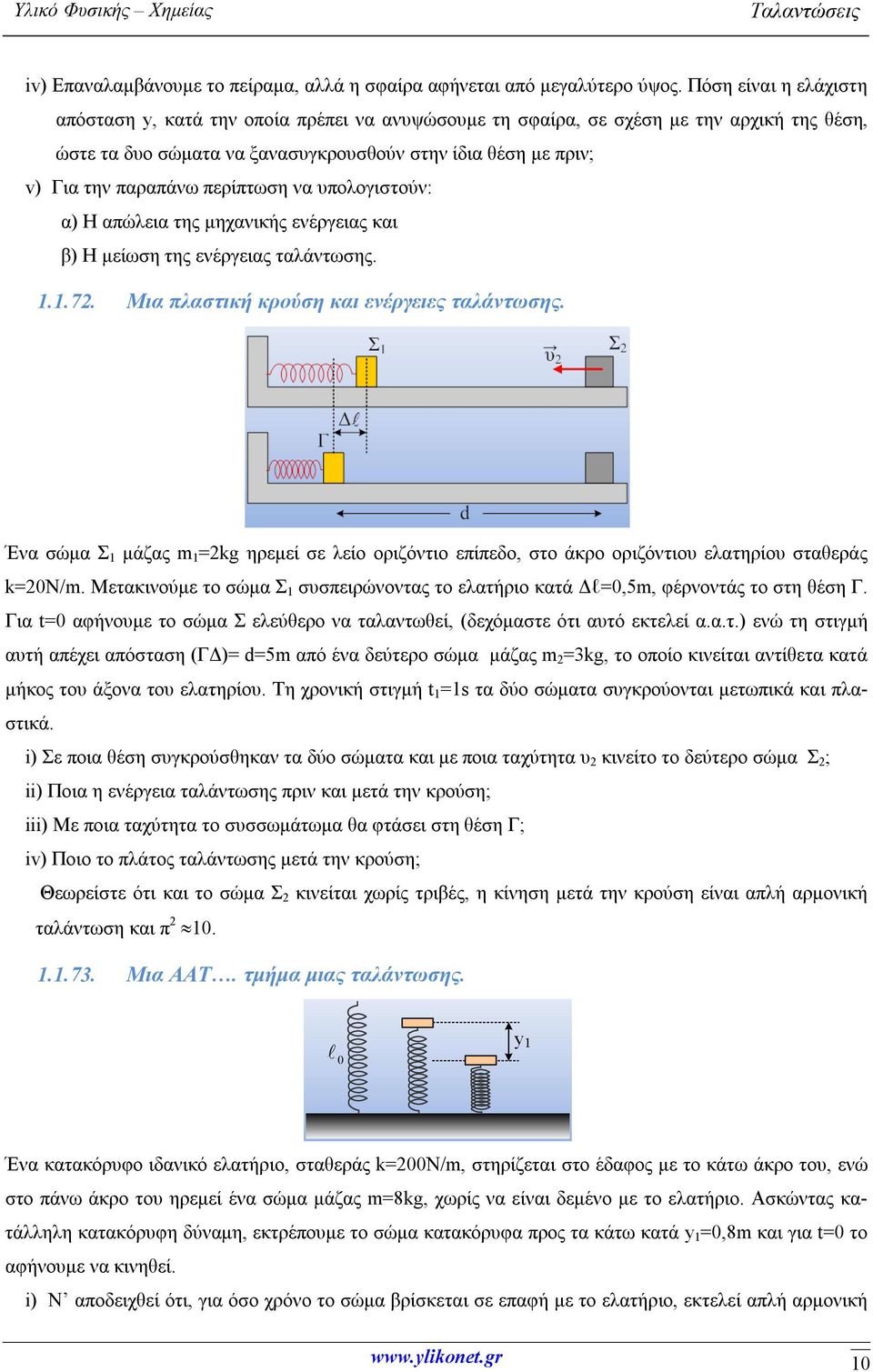 περίπτωση να υπολογιστούν: α) Η απώλεια της μηχανικής ενέργειας και β) Η μείωση της ενέργειας ταλάντωσης. 1.1.72. Μια πλαστική κρούση και ενέργειες ταλάντωσης.