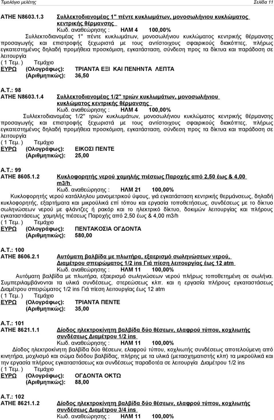 εγκατεστημένος δηλαδή προμήθεια προσκόμιση, εγκατάσταση, σύνδεση προς τα δίκτυα και παράδοση σε λειτουργία ΕΥΡΩ (Ολογράφως): ΤΡΙΑΝΤΑ ΕΞΙ ΚΑΙ ΠΕΝΗΝΤΑ ΛΕΠΤΑ (Αριθμητικώς): 36,50 A.T.: 98 ΑΤΗΕ N8603.1.