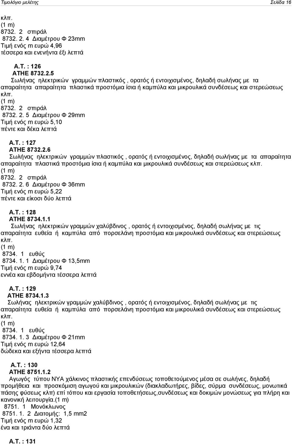 8732. 2 σπιράλ 8732. 2. 5 Διαμέτρου Φ 29mm Τιμή ενός m ευρώ 5,10 πέντε και δέκα λεπτά Α.Τ. : 127 ΑΤΗΕ 8732.2.6 Σωλήνας ηλεκτρικών γραμμών πλαστικός, ορατός ή εντοιχισμένος, δηλαδή σωλήνας με τα απαραίτητα απαραίτητα πλαστικά προστόμια ίσια ή καμπύλα και μικρουλικά συνδέσεως και στερεώσεως κλπ.